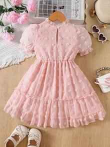 Young Girls' Jacquard Floral Pom Pom Trim Stand Collar Puff Sleeve Casual Dress, Spring/Summer - Pink - View 2