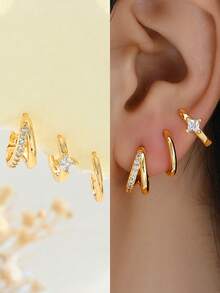 Bộ 3 khuyên tai thanh lịch và tối giản dành cho nữ, khuyên tai kẹp vành tai không gây dị ứng, khuyên tai sụn, khuyên tai đinh tán, thiết kế nhỏ gọn, có thể đeo chồng lên nhau cho nhiều lỗ xỏ tai, thích hợp cho các buổi hẹn hò, tiệc tùng, đám cưới, ngày lễ, Ngày Valentine, Ramadan, quà sinh nhật, và đeo hàng ngày. - Vàng - Xem 3