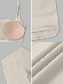 TimeOff 女士纯色吊带可拆卸胸垫背心和直筒宽松运动裤套装，春夏款 - 杏色 - 查看 5