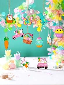 12/24pcs Easter Tree Decoration Set, Happy Easter Wooden Hanging Ornaments With Eggs And Rabbits, Gnomes And Chicks Wooden Pendants With Strings, Home Spring Party Decor Gifts (Rabbit Theme) - Multicolor - View 3
