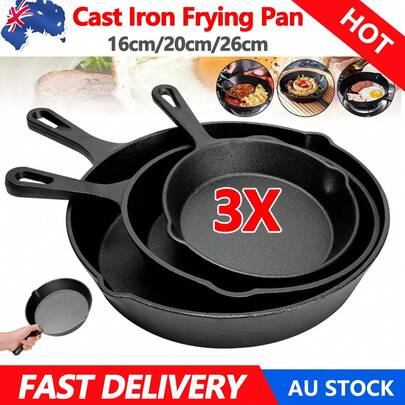 Non Stick Frying Pan 3-Piece Set Cast Iron Steak Skillet Cookware Cook Frypan AU