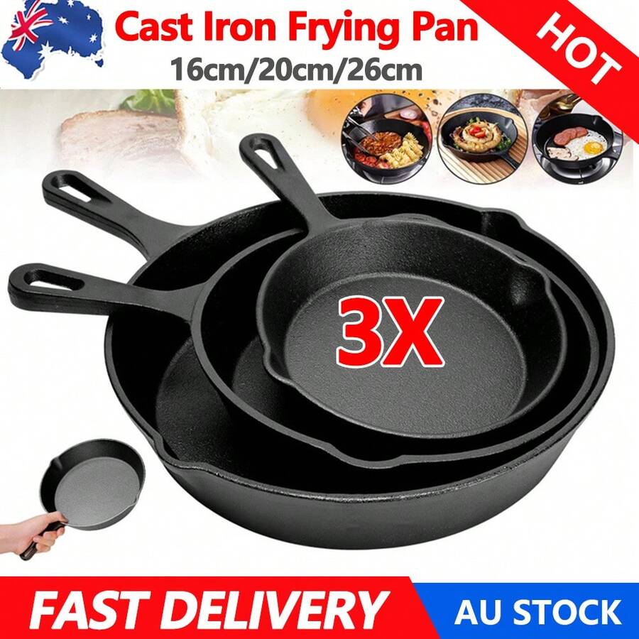 Non Stick Frying Pan 3-Piece Set Cast Iron Steak Skillet Cookware Cook Frypan AU - Black - View 1