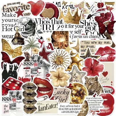 50 st. röda, guldiga och silverfärgade lyckoklistermärken, estetiska klistermärken, Y2K-klistermärken, Y2K-kärnklistermärken, Y2K-presenter, retroklistermärken, 90-talsklistermärken, alla hjärtans dag-klistermärken, vattentäta vinylklistermärken för kuvert, vattenflaskor, datorer, bärbara datorer, telefoner, resväskor, anteckningsböcker, kylskåp etc.