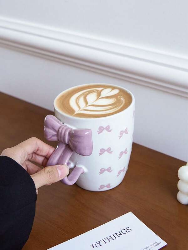 1pc Purple Bow Handle Ceramic Mug, Exquisite Matte Bow Pattern Coffee Cup, Large Bow Design, High Capacity, Fashionable Appearance, Suitable For Home Decor, Tableware, Restaurant And Cafe Latte Art, Valentine's Day Gift, Holiday Decoration