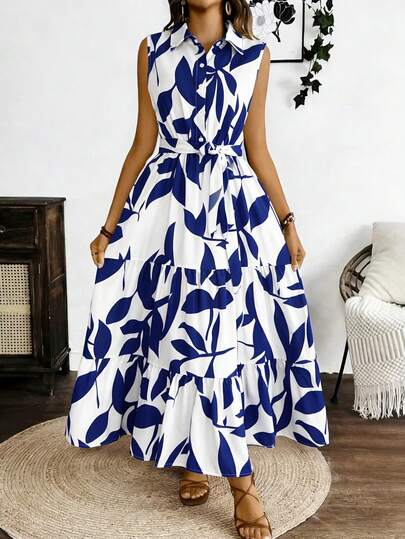 Vestido Largo Sin Mangas Para Mujer Con Estampado En Todo El Cuerpo, Vestido Tank Elegant De Cuello V Con Cinturón