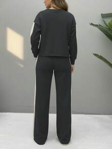 2pcs/Set Women Casual Round Neck Heart Pattern Long Sleeve Top And Pants Suit, Autumn/Winter Spring - Gray 88 - View 5