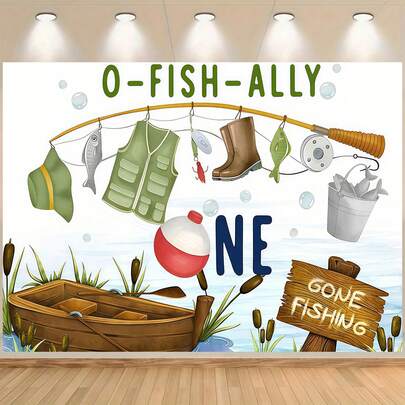 1 O-Fish-Ally Go Fishing Happy Birthday Party Banner, Suitable For A First Birthday Background Decoration, Photo And Party Backdrop, Living Room, Yard Decoration, Outdoor Activities, Family Gatherings, Cake Table Decoration, Photo Booth Props