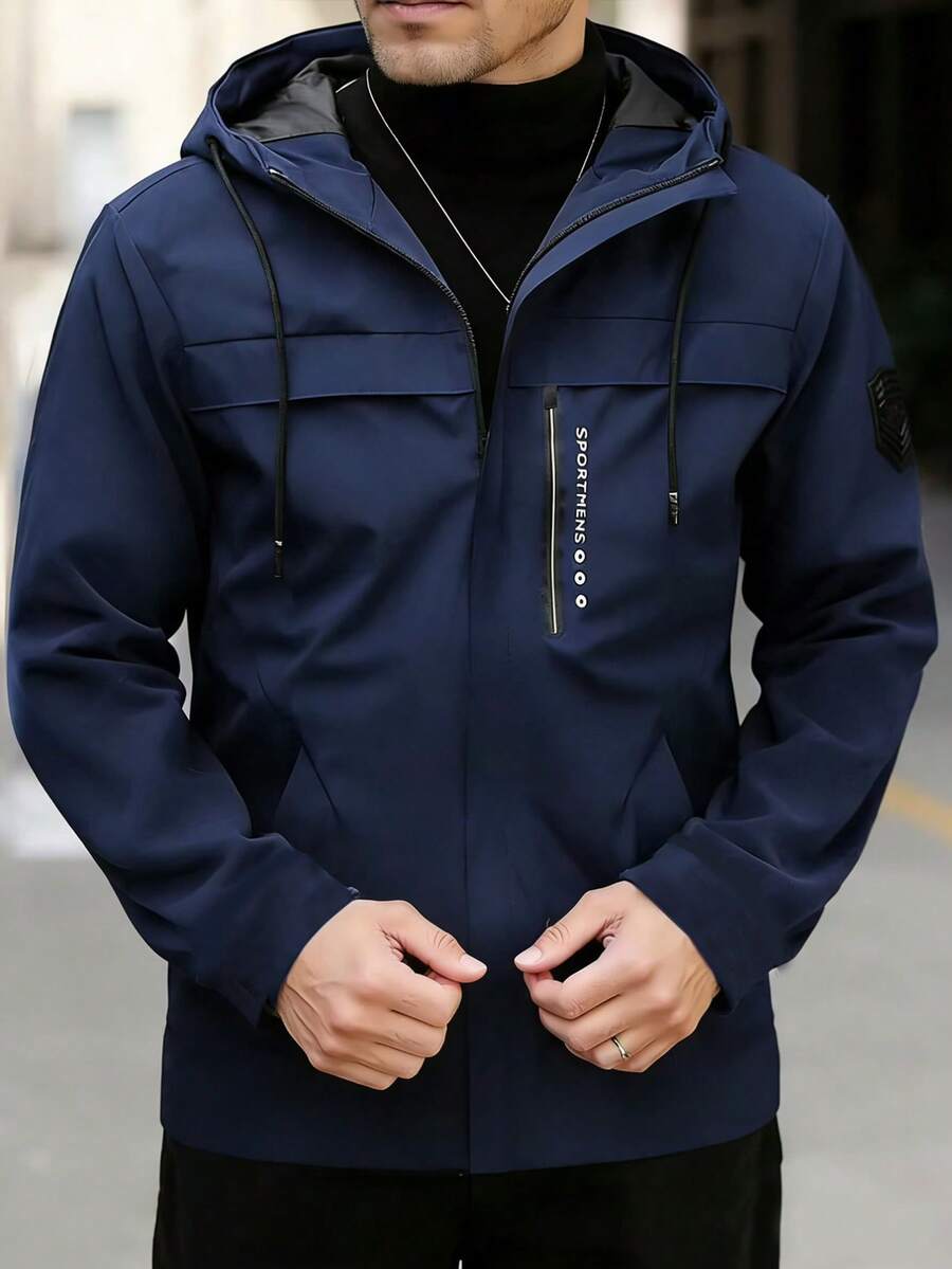 Men's Lightweight Hooded Jacket, Suitable For Spring And Summer - Blue Polyester Outdoor Jacket With Drawstring, Zipper Pockets And Adjustable Cuffs, Perfect For Cycling, Hiking And Casual Wear