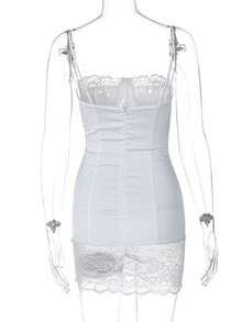 Lace Trim Paneled Sexy Y2K Dress Slim-Fit Waist-Cinched Bodycon Spaghetti Strap Gown - trắng - Xem 7