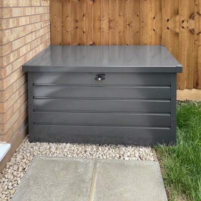 360L Waterproof Durable Storage Box Colour Steel Plate Panel Sheet Galvanised Tool Storage Bin Case With Locked Chest Lid Metal Garden Organizer Outdoor Container Storage Bench Fitting To Garden Tool Sport Equipment Use For Garden Yard Patio Grey