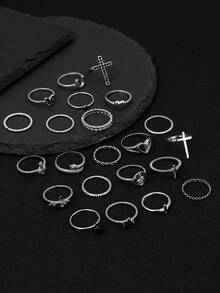 22pcs Vintage Rhinestone Heart, Cross, Snake, Star Stacking Rings Set For Women - Silver - View 2