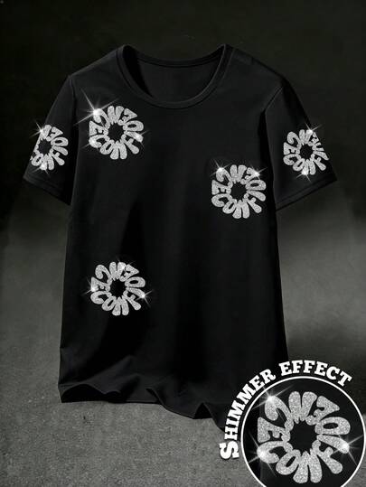男士休闲上衣，亮面字母和花卉装饰圆领T恤，适合春夏穿着，日常休闲场合。