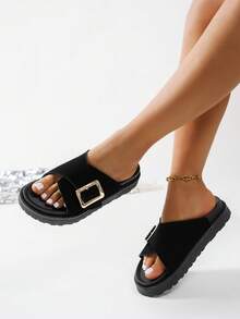 New Fashion Metal Buckle Decor Open Toe Platform Slide Sandals, Comfortable Non-Slip, Versatile & Easy To Clean, Suitable For Beach & Daily Wear - Black - View 3