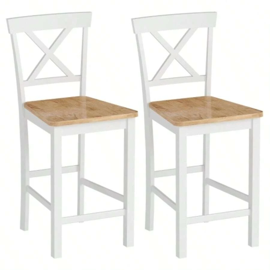Set Of 2 Bar Stools With Backrest And Footrest, Made Of Rubberwood, For Kitchen, Dining Room, Bar, Oak And White - White - View 1