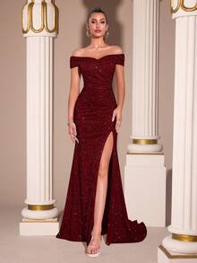 亮片优雅露肩交叉高腰褶裥高开衩露背曳地长裙，适合舞会、婚礼、盛大晚宴、返校节、约会之夜、正式晚宴、生日派对、节日庆典、家庭聚会等场合。 - 酒紅色 - 查看 5