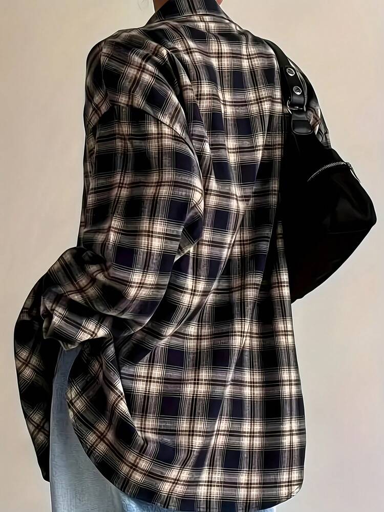 Women's Black & Beige Plaid Oversized Shirt, Chic Casual Loose Fit, Versatile For Daily & Layered Wear, Pair With Jeans For Look - Black and Brown - View 3