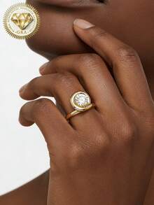 女士订婚戒指，金色圆形戒指，2.8克S925纯银，镶嵌2克拉莫桑石，波西米亚复古风格，适合订婚、求婚、结婚纪念日、情人节等场合，附赠莫桑石证书和精美礼盒 - 金色 - 查看 2