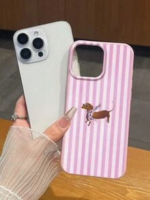 Pink Stripe Dachshund Soft Phone Case - Cute Y2K Aesthetic, Puppy Accessory, Faux Leather Texture, Compatible With IPhone & Galaxy - Pink - View 7