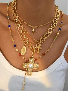 5件套复古朋克中世纪十字架水钻镶嵌耶稣肖像几何OT锁仿珍珠项链Y型链多层项链套装，适合基督徒女性日常、节日、约会、派对佩戴 - 金黃色 - 查看 1