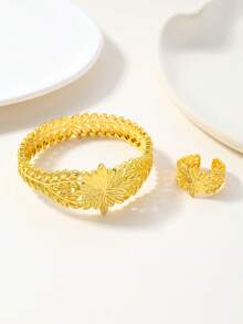 2件套复古优雅几何麦叶图案手链戒指套装，适合日常、派对和正式场合佩戴。 - 金黃色 - 查看 5