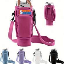 1pc Neoprene Water Bottle Carrier Bag With 3 Pockets & Phone Pocket - Fits 40/30oz Tumbler Cup Accessories Portable Bottle Holder Pouch - Perfect Father Gift For Daily Use | 24-Hour Shipping - 玫紅色 - 查看 2