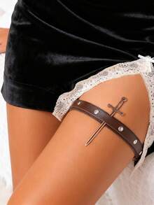 1 pièce de porte-jarretelles de style punk, orné de clous, accessoire épée au thème gothique, convient pour le jeu de rôle, le cosplay ou la lingerie sexy, porte-bas élastique pour les cuisses pour Halloween. - Tabac - Voir 10