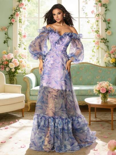 VIPGIRL New Arrival Blue Lantern Sleeve Off-Shoulder Floral Print Elegant High-End Design Mesh Women's Evening Gown