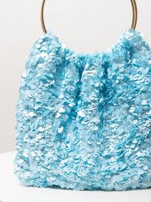 Sequin Clutch Bag With Metal Ring Decor, Elegant Evening Party Purse, Wedding Accessories, Gift For Women, Valentine's Day (Random Pattern) - Blue - View 4