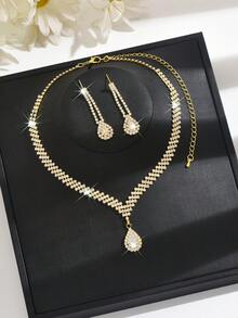 3pcs/Set Silver Metal Rhinestone Necklace, Earrings And Bracelet Jewelry Set, Bridal Wedding Accessories - 1769 Gold Earrings and Necklace Set - View 3