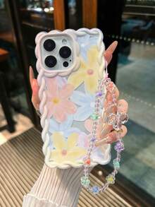 Floral Painted Braided Wave Edge Bracelet Strap Shockproof Thick Phone Protective Case, Suitable Compatible With Iphone 17/17 Pro/17 Pro Max, 16 XR/7/8, 15 Pro Max, 12 Pro Max, 13 Pro Max, 14 Pro Max, 13, 14, 11, 12, P11, P12, XS, XR, 7/8, P, 7G ES2