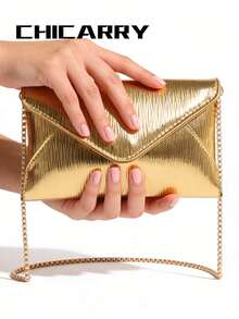 Damen Sommer Gold Clutch Tasche, Metall Kette Schultergurt, Klappe elegante minimalistische Umschlagtasche, neue Umhängetasche, geeignet für Einkaufen, Dates, Pendeln, Handy und Münzen halten, Strandurlaub, Casual elegante Clutch, Abendparty Mini Quadrat Tasche - Gold - Übersicht 10