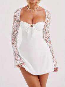 Women Mini Dress Long Sleeve Backless Low-Cut Tie-Up Lace Patchwork Cocktail Dress A-Line Dress - 白色1 - 查看 1
