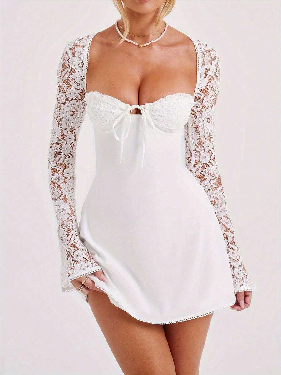 Women Mini Dress Long Sleeve Backless Low-Cut Tie-Up Lace Patchwork Cocktail Dress A-Line Dress - 白色1 - 查看 1
