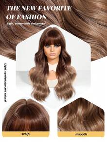 1 pieza Peluca de mujer con ondas y flequillo de color marrón, cabello sintético rizado de 26 pulgadas de largo, fibra resistente a altas temperaturas, gorro de red de rosa, para uso diario y de fiesta - Marrón - Ver 3