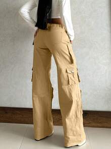 Pantalon cargo élégant et décontracté en kaki avec boutons et fermeture éclair, poches multiples, style Y2K. Convient pour la rue, l'aéroport, la scène, les fêtes, les clubs, les vacances, le bureau, la Fête des enseignants, le Nouvel An, le printemps/l'été/l'automne/l'hiver - Kaki - Voir 2