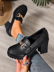 Escarpins à talon épais avec décoration de chaîne, respirants, style élégant et professionnel, talons compensés pour femmes - Noir - Voir 6