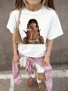 1 件女童休闲字母印花圆领短袖 T 恤，夏季学生年轻休闲装 - 简约英文字母风格 T 恤激发想象力和自我表达 - 白色 - 查看 2