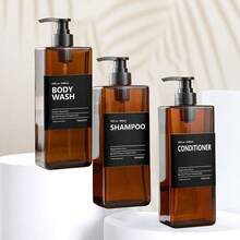 3个500毫升/16.9盎司可重复灌装塑料泵瓶，含标签，可重复用于洗发水、沐浴露、化妆品、浴室淋浴用品容器 - 棕色 - 查看 3