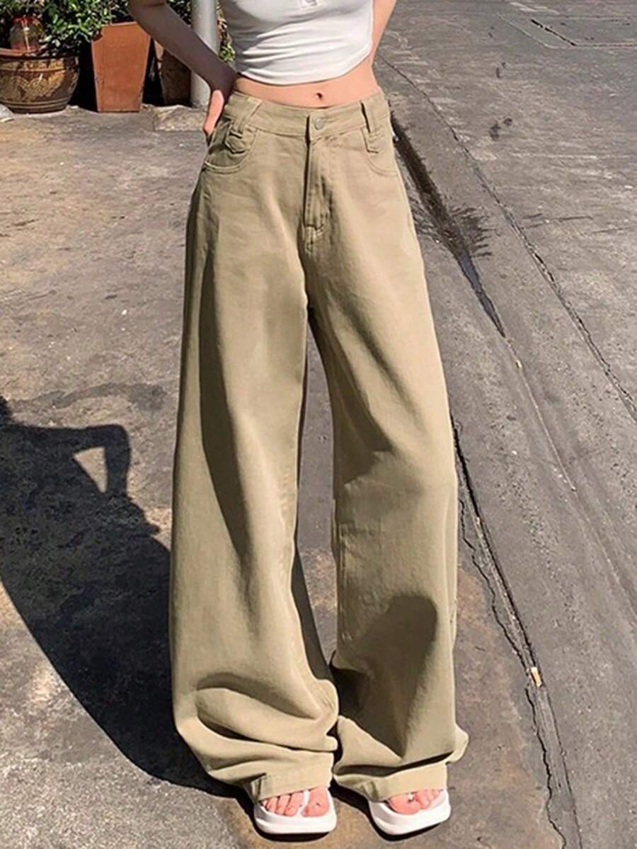 Khaki High Waist Loose Slimming Straight Leg Jeans For Women, Autumn, No Belt Casual - Khaki - View 1