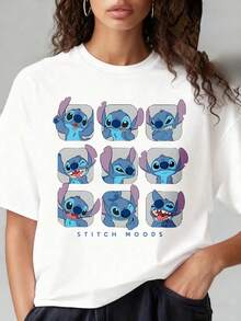 Stitch MoodsDisney Character Expression T-Shirt Women Men Unisex Black Crewneck Shirt With Cute Cartoon Design For Fans Of Lilo And StitchDisney Theme Fun Prints, Women's T-Shirts With Round Neck And Short Sleeves, Suitable For Christmas Partiessports Activitiesholiday Partiesoutingssports And Other Holiday Gifts (220g). - White - View 1