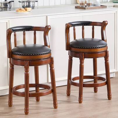 Wooden Bar Stool With Cowhide Leather Top, Dining Chair, 360-Degree Swivel, Height 26, Ideal For Kitchen, Dining Room And Bar Room, Multicoloured Optional.