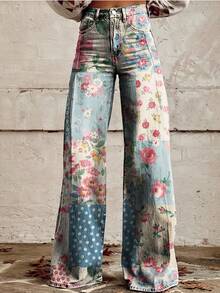 Plus Size Women's Bohemian 3D Print Retro Floral Patch Jeans - Wide Leg Non-Stretch Denim Pants With Button Closure, Machine Washable Casual Spring/Fall Trousers, Spring Fall Clothing - 彩色 - 查看 3