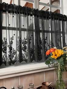 1pc New Elegant Black Single Layer Plum Blossom Jacquard Flat Valance Curtain, Suitable For Villa, Balcony, Living Room, Bedroom, Cafe, Small Window, Half Curtain - Black - View 2