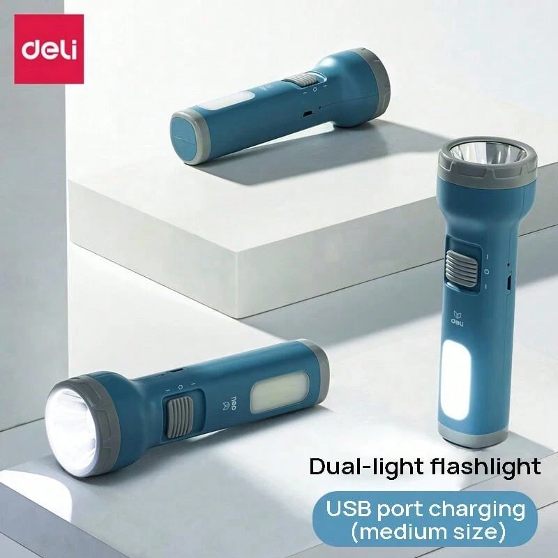 DELI 3662A Flashlight: Dual-Lamp High-Intensity Illumination, Large-Capacity Battery With Fast Charging, High-Brightness LED Light, Versatile For Both Standing And Lighting Applications. - Blue - View 1