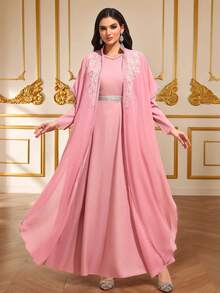 Elegant 2 Pieces Outfit, Pink Tone, Featuring Intricate Sequin Embroidery And Cinched Waist, Suitable For Special Occasions And Festivals - Pink - View 1