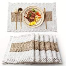6/4/2pcs Set Elegant Woven Placemats - Classic Cream White + Natural Beige Knitted Design With Tassel Details, Breathable Crochet Lace Trim, Stain-Resistant Tablecloth Suitable For Rustic Farmhouse, Modern Coastal Or Classic Dining Decor | Upgrade Dining Aesthetics With Fashionable And Durable Placemats, Applicable For Daily Meals, Holiday Gatherings And Dinner Parties - Multicolor - View 2