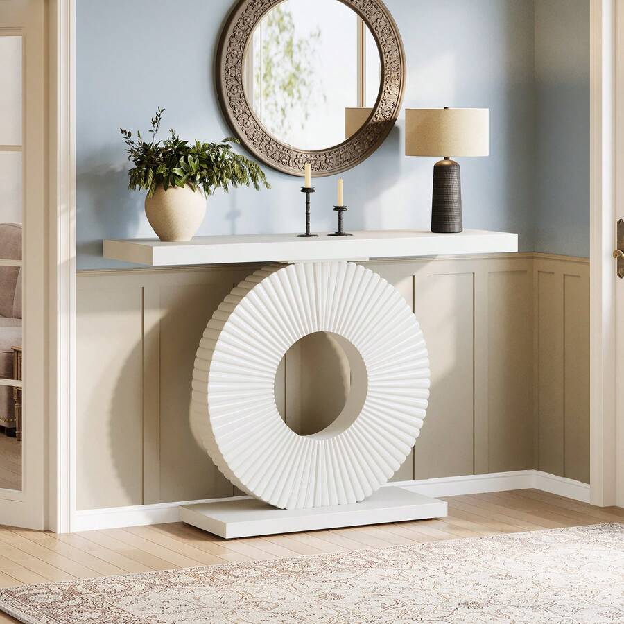 LITTLE TREE Modern Entryway Console Table, 39-Inch Wooden Narrow Sofa Table Behind Couch With Geometric Base, Contemporary Accent Table For Living Room, Entrance, Hallway, Black - 白色 - 查看 1