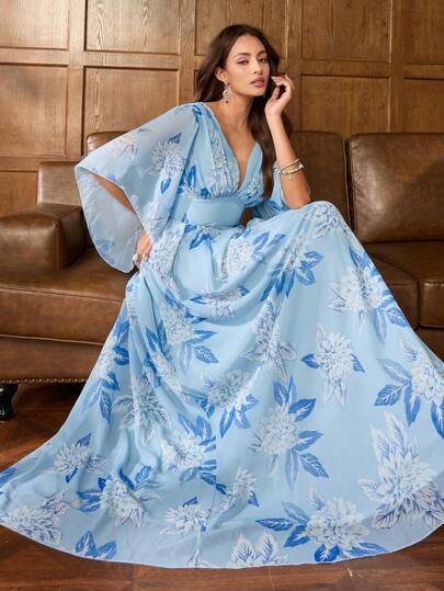 Faeriesty Elegant Women's Deep V-Neck Flare Sleeve Maxi Dress: Floral Pattern With Ruffle Hem, Open Back Design, High Slit On Side, Fitted Silhouette, Adjustable Straps - Perfect For Bridal Photoshoot, Garden Wedding Guest, Anniversary Celebration, Romantic Getaway, Indoor Formal Occasions