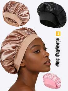 2pcs/1pc Silk Sleep Cap, Satin Hair Cap, Women Wide Brim High Elasticity Cap, Satin Sleep Cap, High-End Satin Hair Care Cap, Curly Hair Silk Headband (Black And Gold) Hair Sleep Cap - Multicolor - View 1