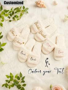 Customized Bridal Wedding Plush Slippers, Fashionable Bridesmaid Gift Decor, Stylish, Hippie, Minimalist, Casual, Cute, Simple Chic, Minimalist Chic, Comfortable Custom, Unique, Personalized Collectible Gift, Ideal Gift ,Spring-Collection - Multicolor - View 2